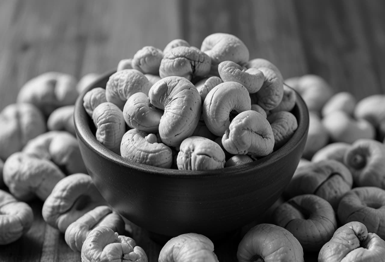 A bowl of cashews on a wooden table