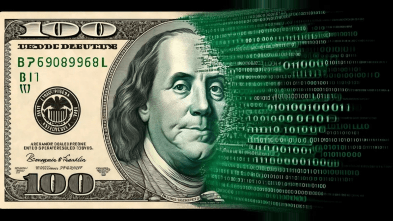 A US hundred-dollar bill dissolving into green binary digits
